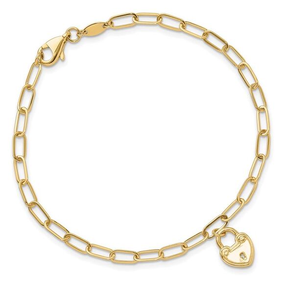 Kazi Luxury 14k Yellow Gold Polished Heart Lock Charm Paperclip Link Bracelet